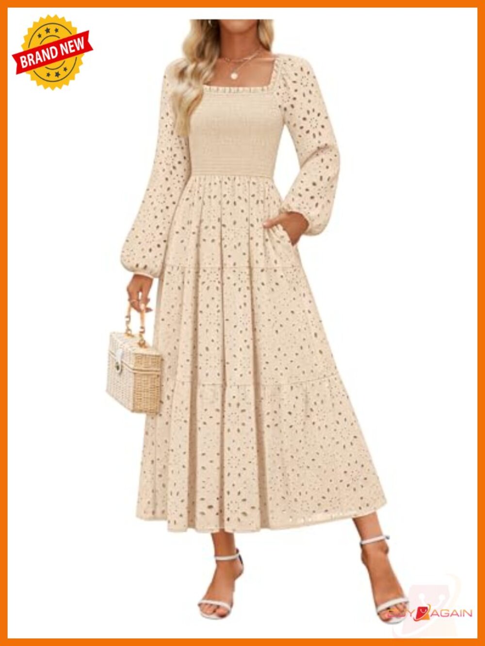 Eyelet Long Sleeve Maxi Dress Smocked Waist Tiered A-Line